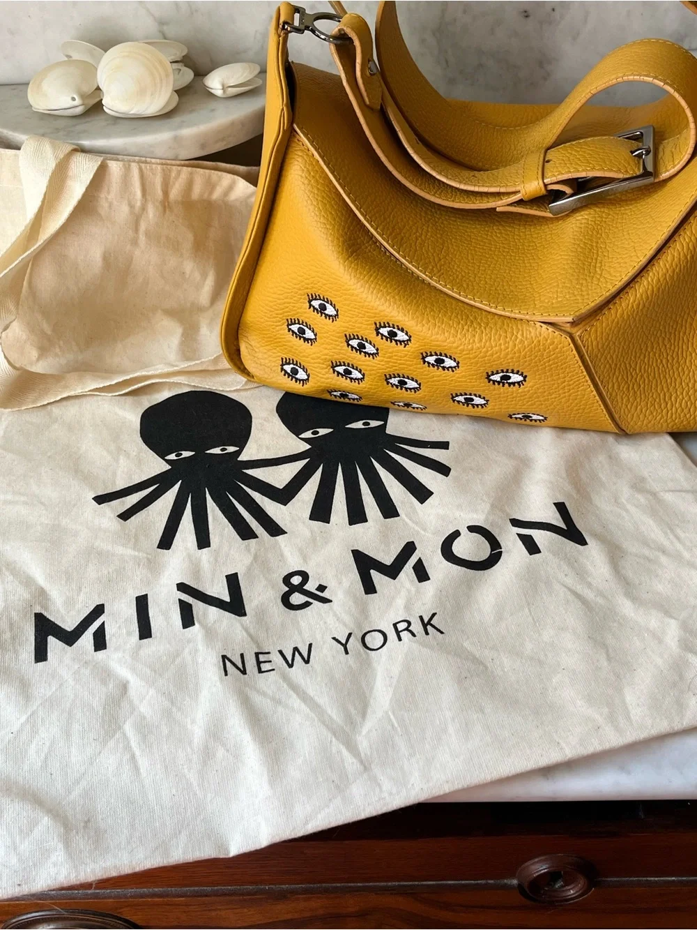Min & Mon Houston Leather Shoulder Bag Eyes All Over Golden Glow - EUC